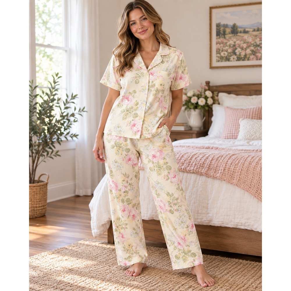 Allison Rhea Pajama Set Women L 100% Cotton Floral Roses Cottagecore 2 Piece